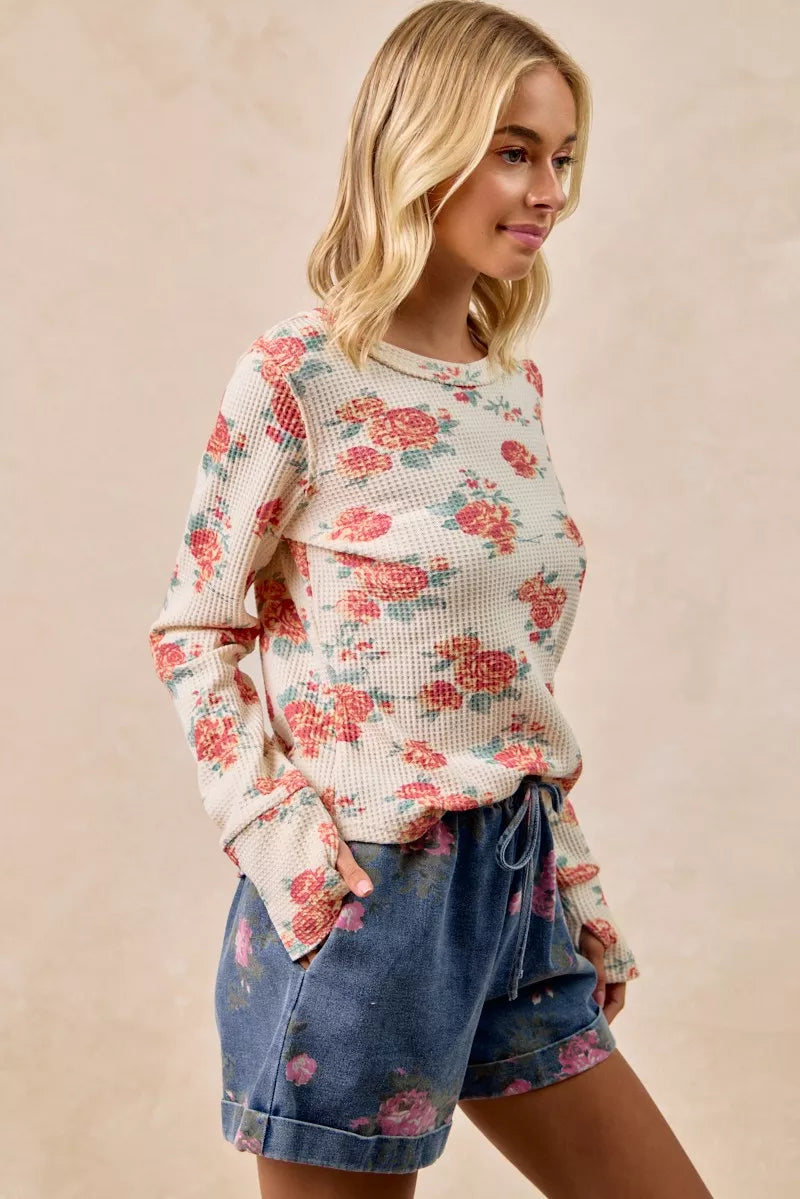 Floral Print Washed Waffle Thermal Top With Thumb