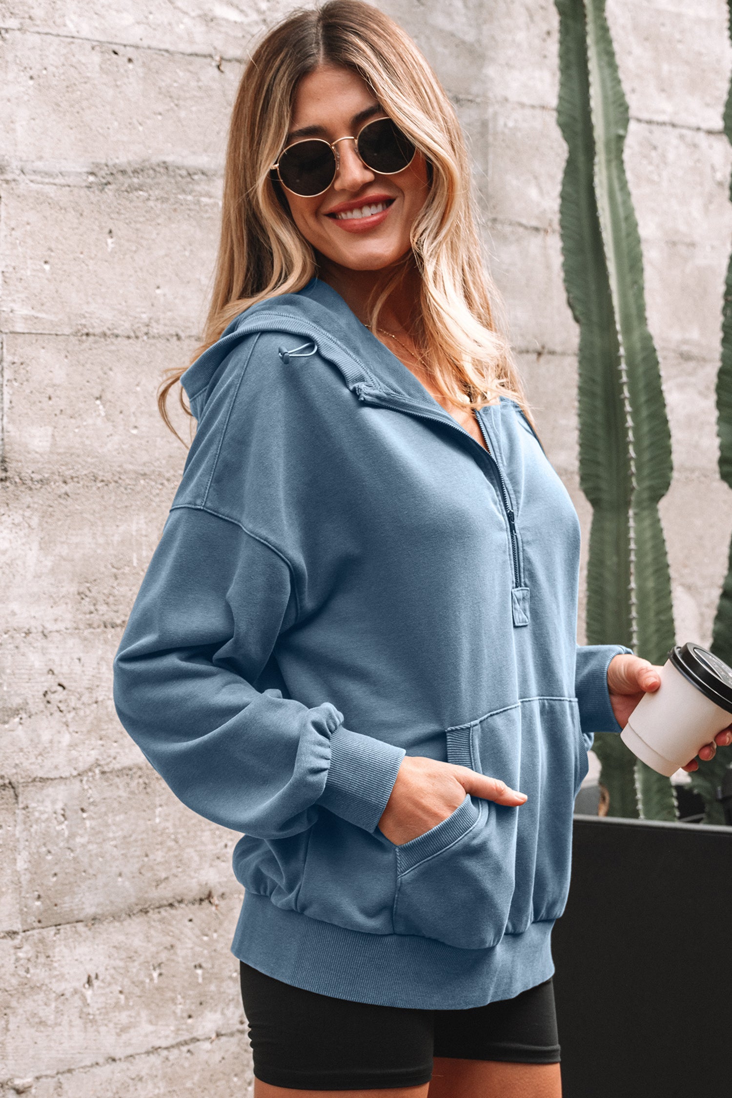 Half Zip Kangaroo Pocket Mineral Wash Baggy Hoodie