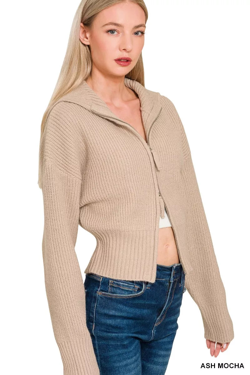 Ribbed Collared Zip Up Sweater Cardigan