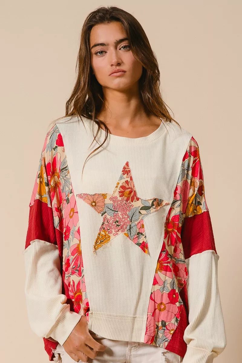 BiBi Floral Print Mixed Star Patch Round Neck Sweatshirt