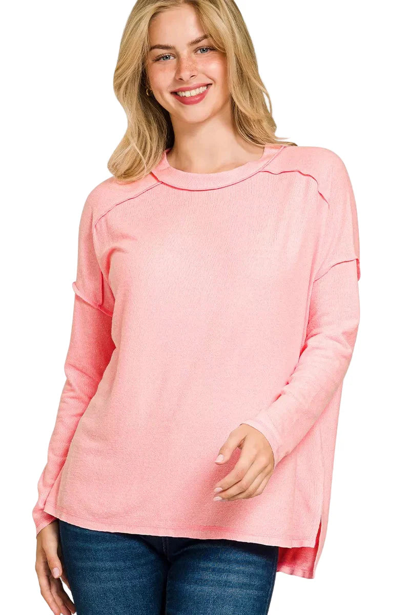 Zenana Full Size Melange Hacci Exposed Seam Hi-low Tee Plus Size