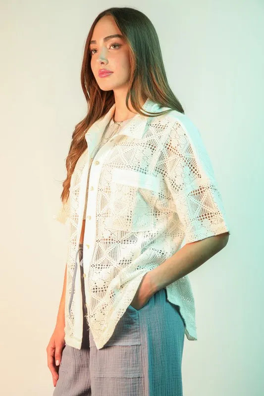 VERY J Plus Size Oversized Crochet Button Down Shirt Top See size chart under “more details”