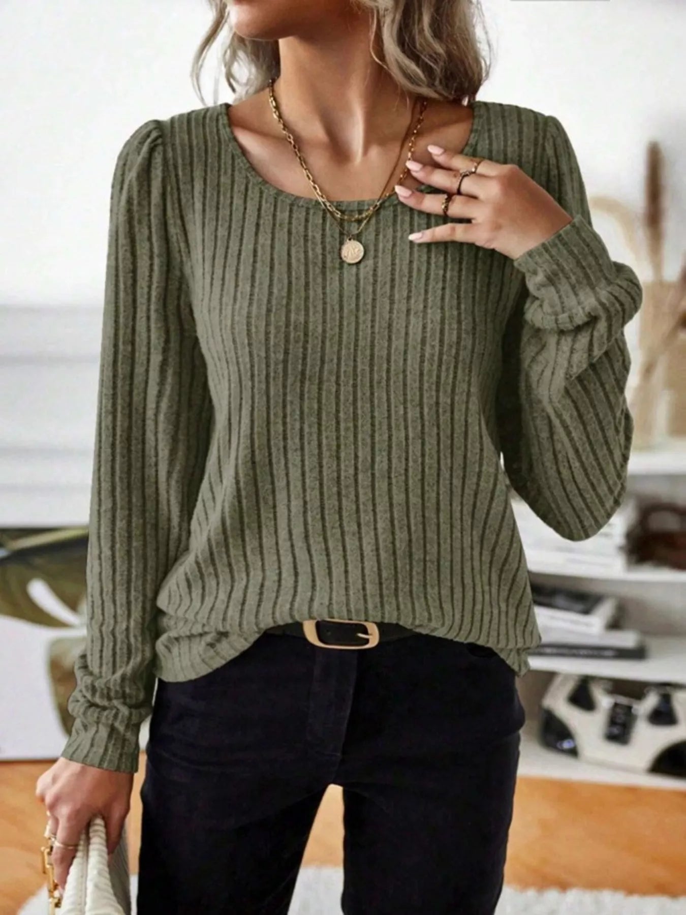 Ribbed Knit Long Sleeve T-Shirt