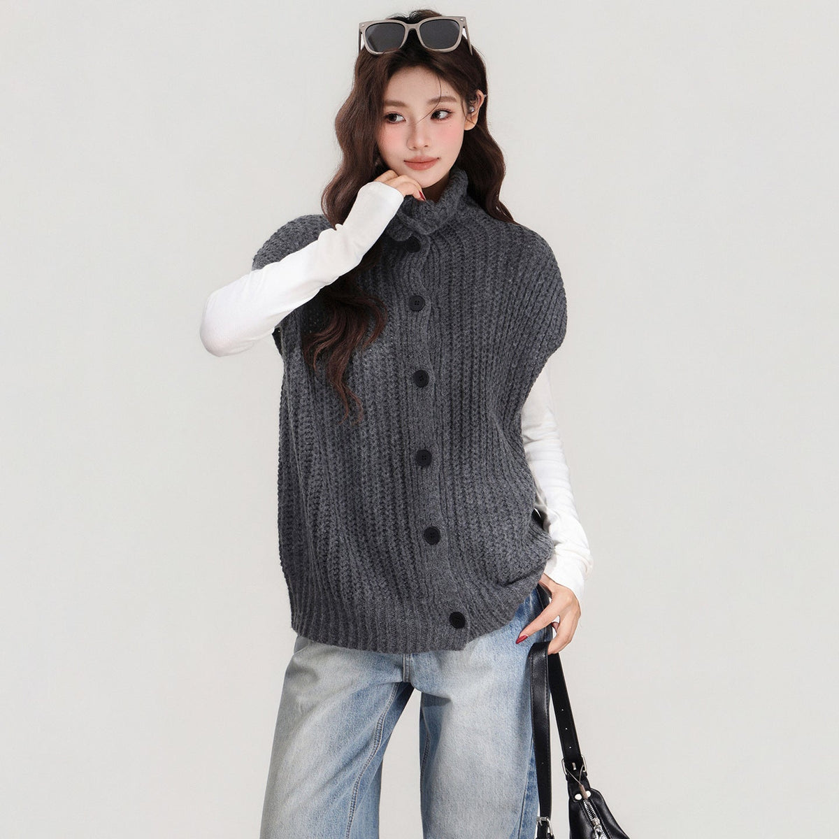 Grey Lapel Knitted Vest Sweater Warm Coat Women's Autumn And Winter Innerwear Top