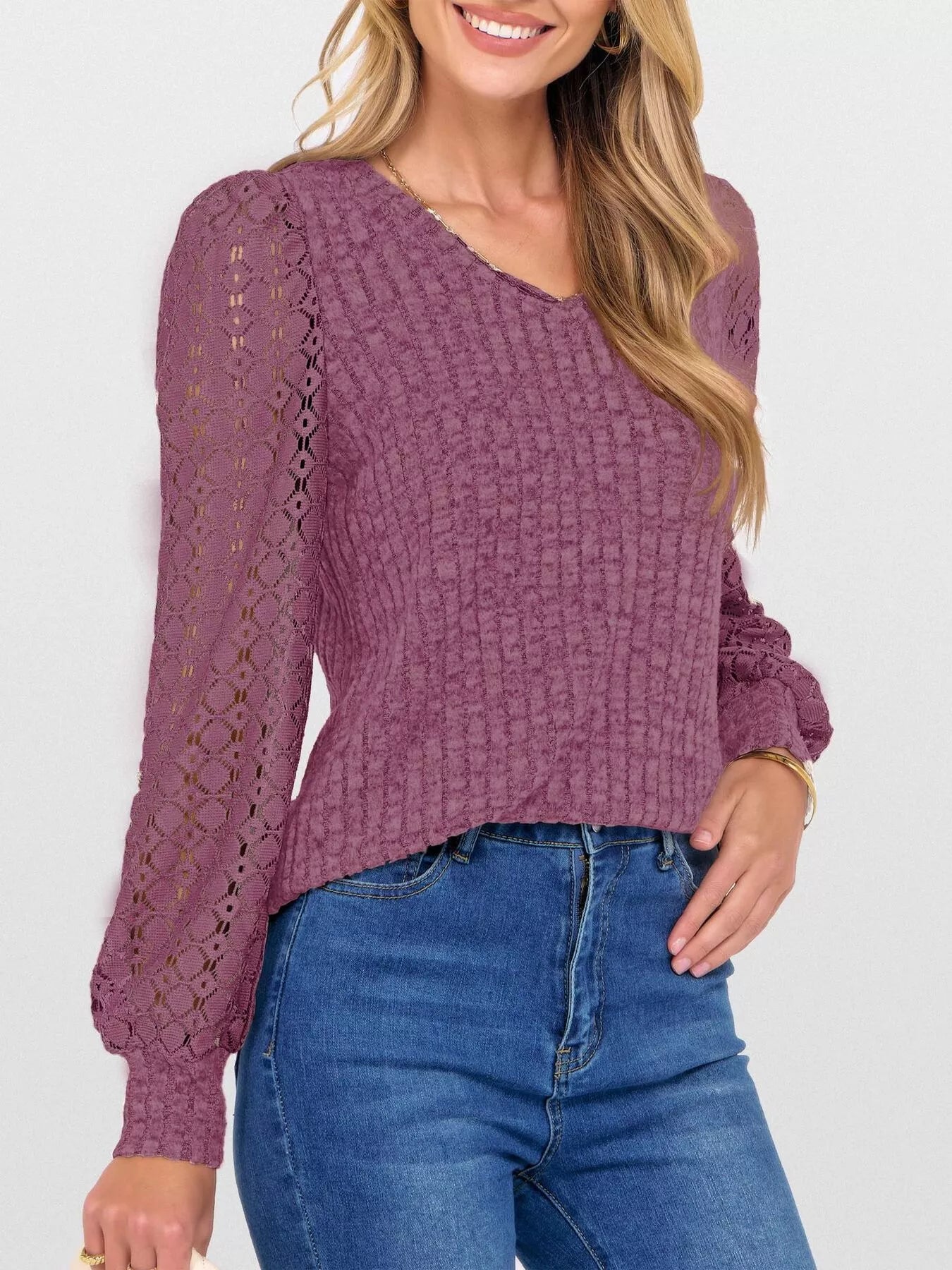 Lace Sleeve V-Neck T-Shirt