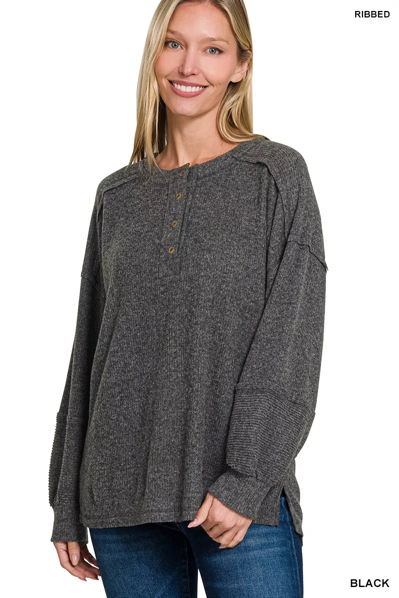 Zenana Full Size Ribbed Brushed Hacci Melange Henley Sweater Plus Size