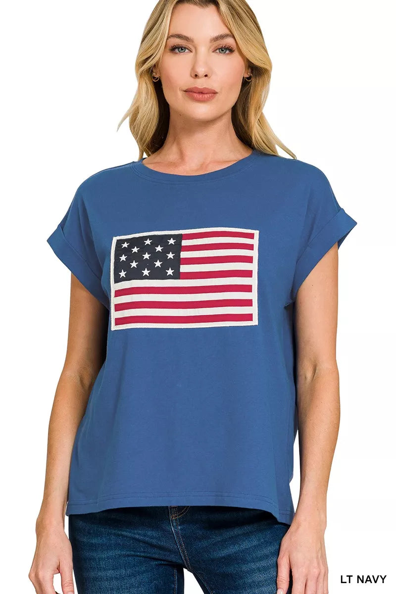 Full Size US Flag Round Neck Short Sleeve T-Shirt Plus Size