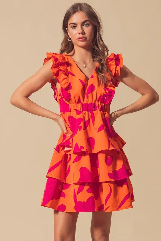 SO ME Floral V Neck Layered Dress with Elasticized Waist