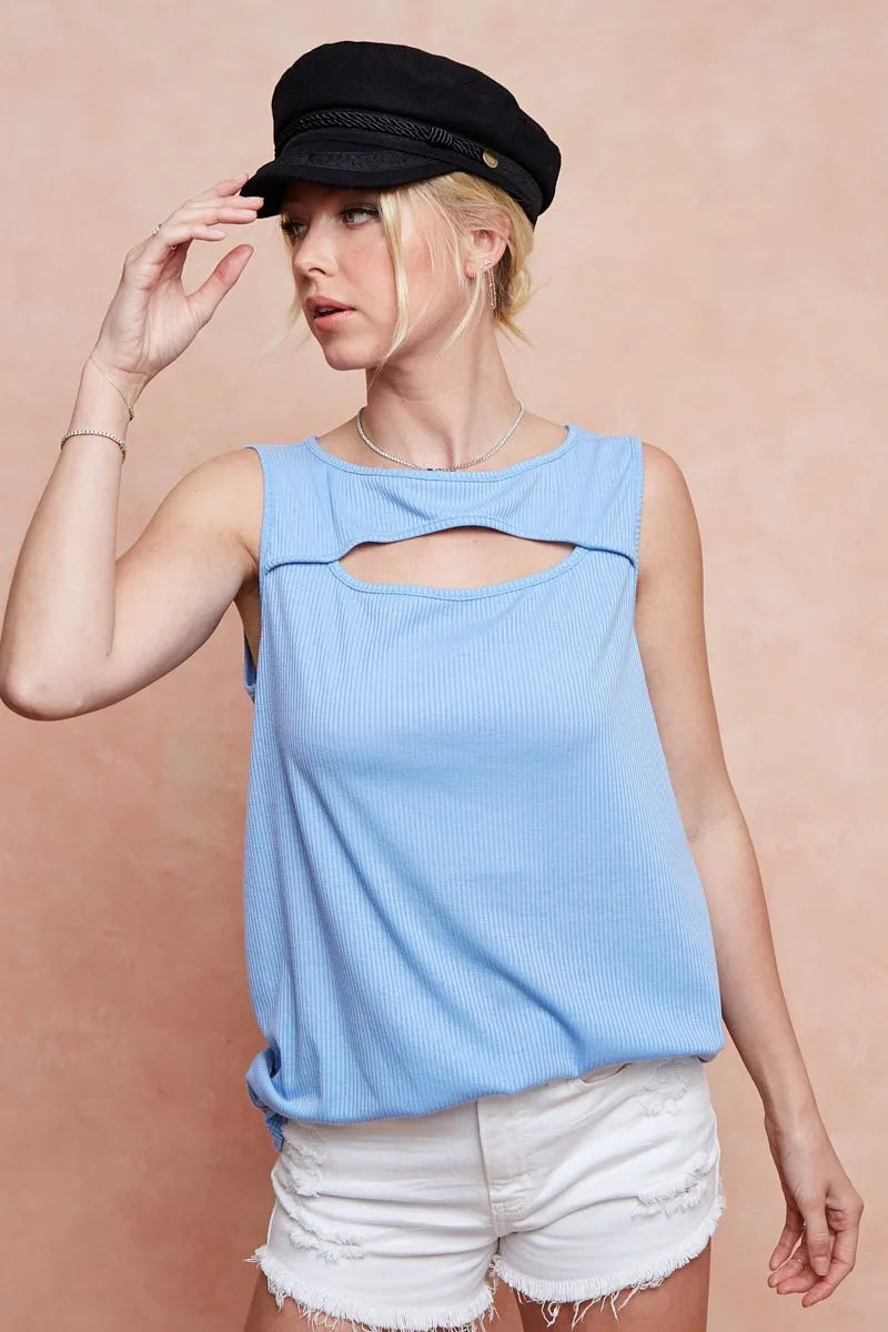 Soft Rib Knit with Cut Out Front Sleeveless Top