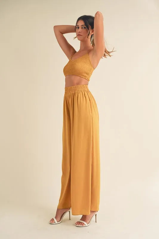 MABLE Smocked Bralette Crop Top and Wide Leg Pants Set