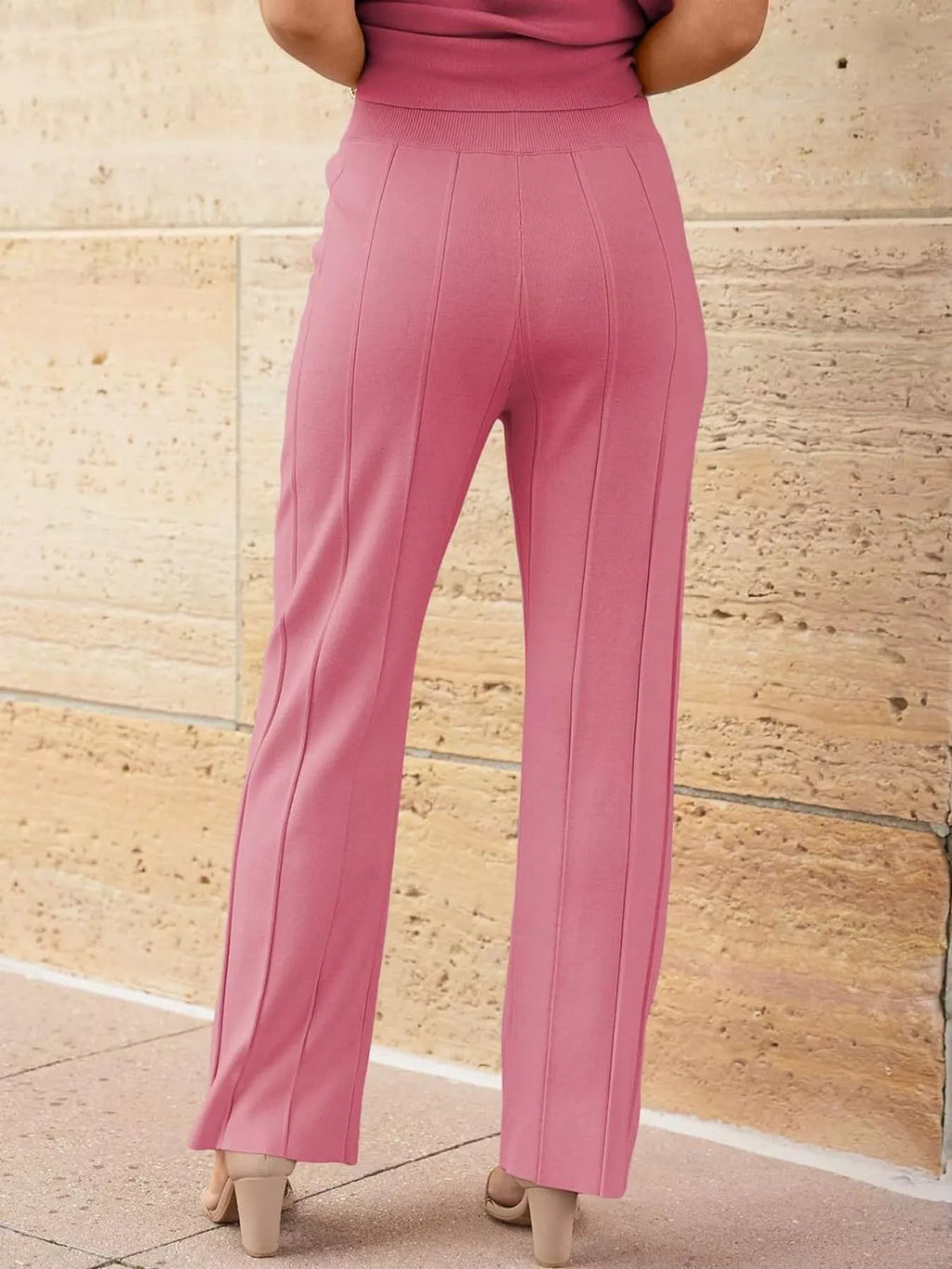 Casual Solid Color Cap Sleeve Top and Pants Knit Set