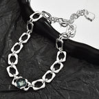 Thick Irregular Square Link Choker Necklace For Women, Smoky Grey Cubic Zirconia Chunky Silver Collarbone Chain, Cool European Spanish Fashion Jewelry