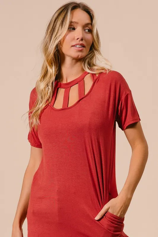 BiBi Front Cutout Mini Tee Dress with Pockets
