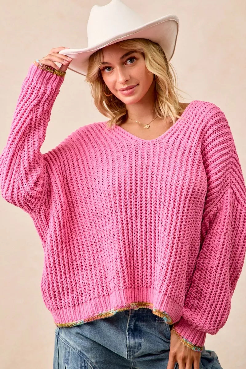 V-Neck Sweater with Colorful Trim