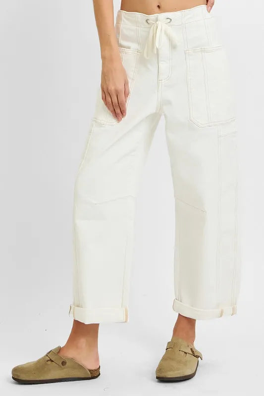 RISEN Full Size High Rise Crop Wide Barrel Cargo Pocket Jeans Plus Size