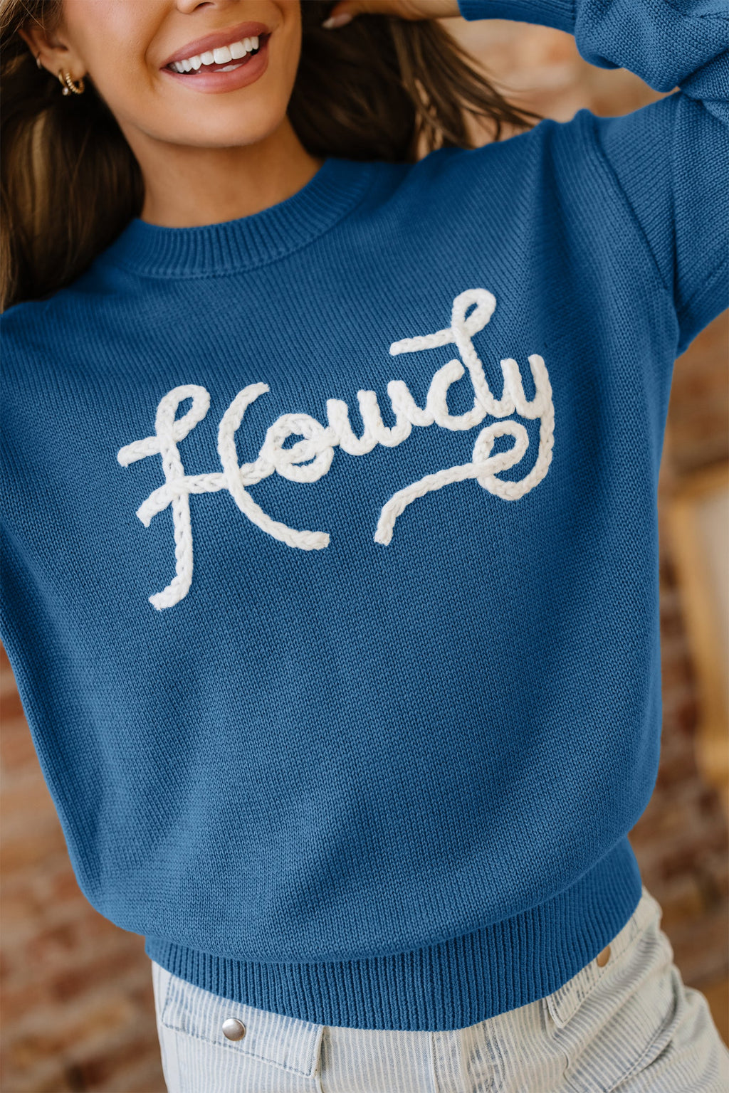 Dusk Blue Howdy Embroidered Graphic Western Sweater