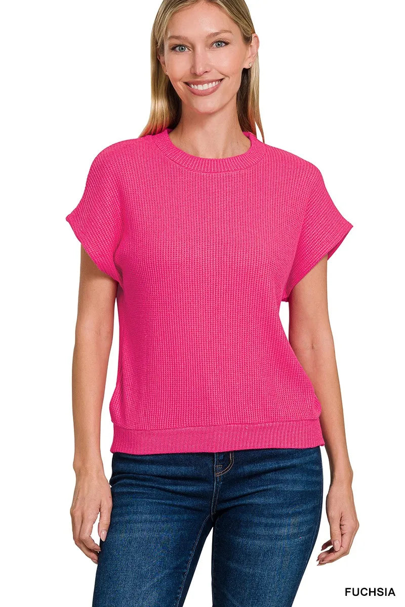 Zenana Round Neck Banded Botton Short Sleeve Sweater