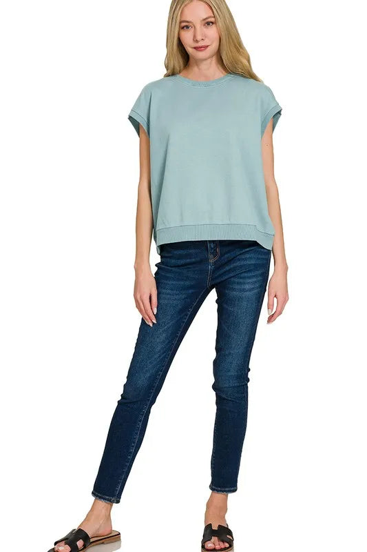 French Terry Round Neck Cap Sleeve T-Shirt