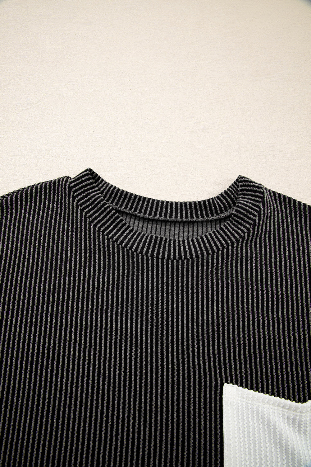Carbon Grey Corded Knit Color Block Pocketed Crew Neck T Shirt