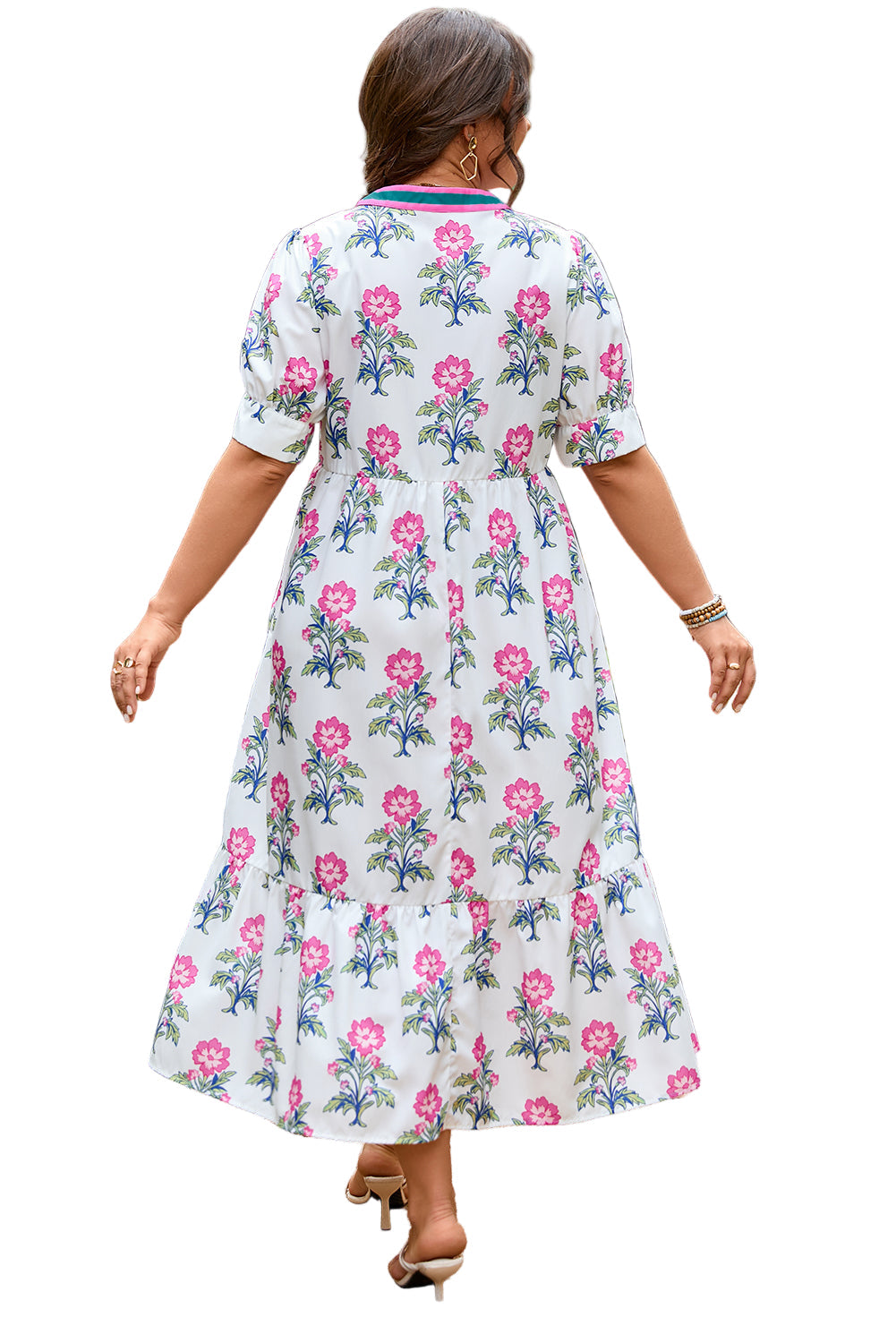 White Allover Print Contrast Split Neckline Short Puff Sleeve Curvy Dress
