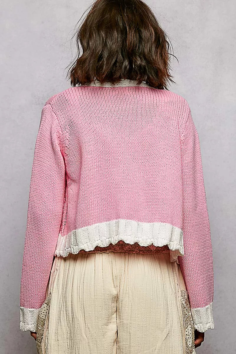 POL Button Down Cable-Knit Cardigan with Contrast Border Accents