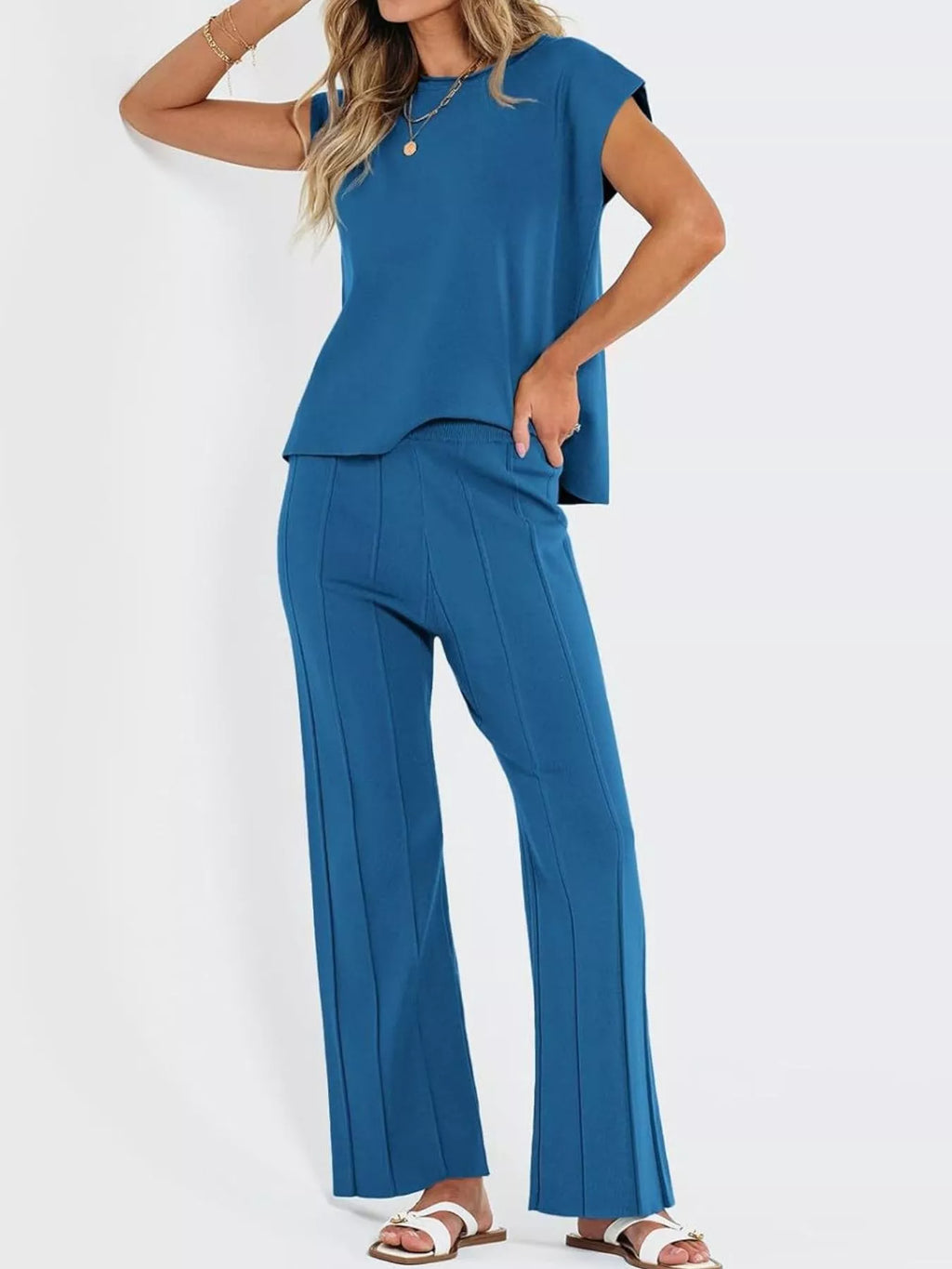 Casual Solid Color Cap Sleeve Top and Pants Knit Set
