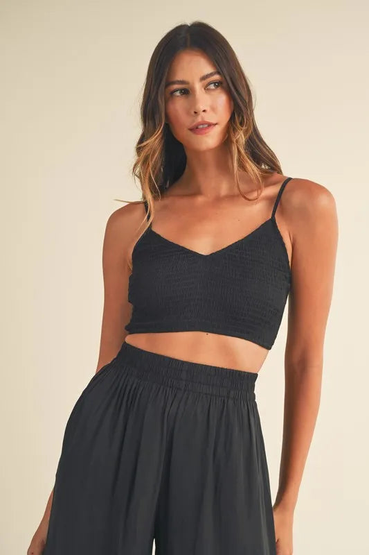 MABLE Smocked Bralette Crop Top and Wide Leg Pants Set