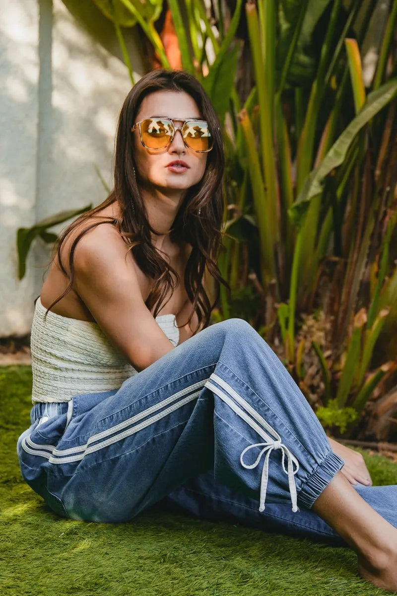BiBi Striped Tape Details With Bot Tied Point Elastic Waist Jeans