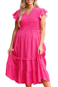 Rose Polka Dot Print Ruffled Smocked High Waist Plus Midi Dress