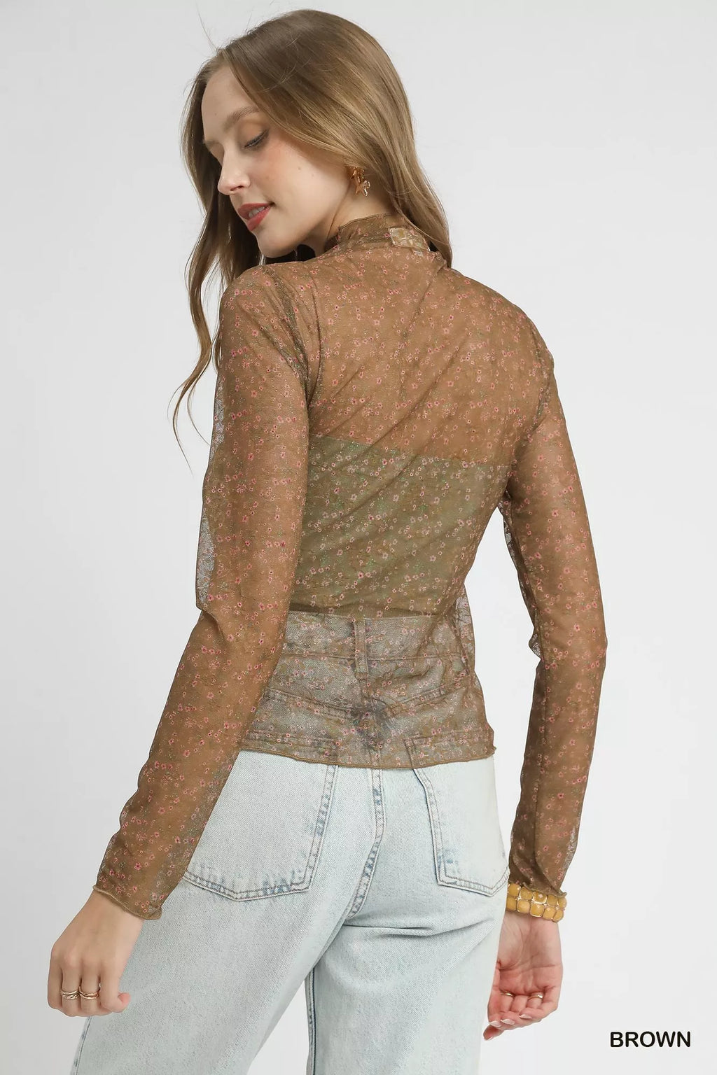 Nylon Lace Mesh Long Sleeve Top
