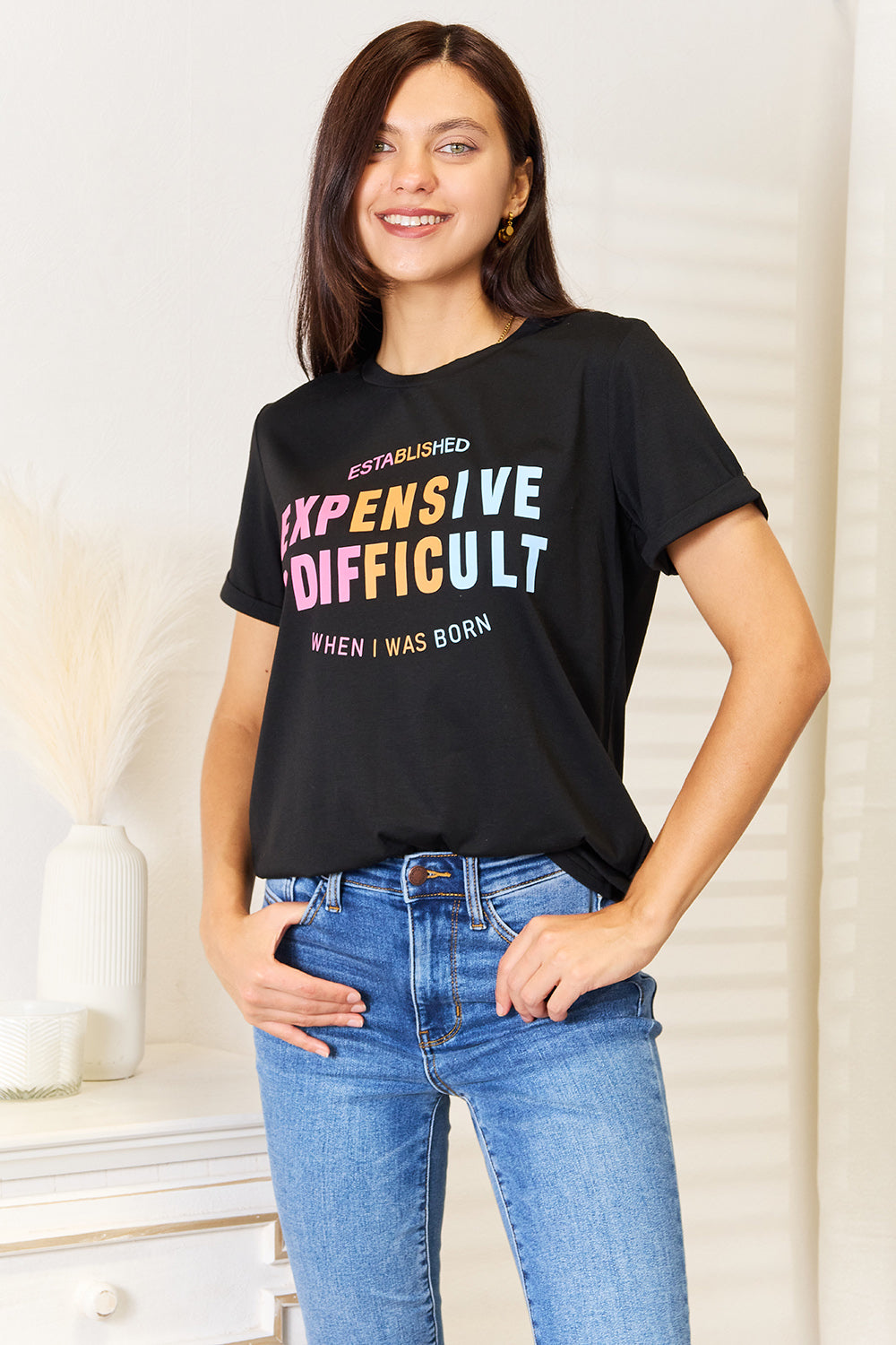 I am a Fashion Junky Love Slogan Graphic Cuffed Sleeve T-Shirt