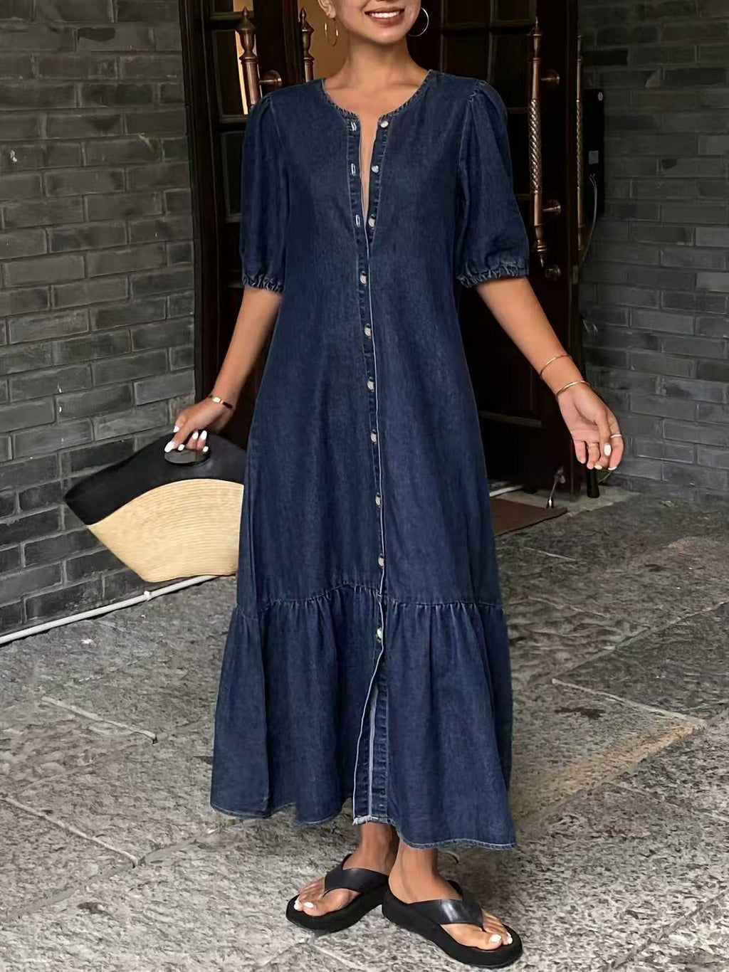 Button-ront Puff Sleeve Ruffle Hem Denim Midi Dress