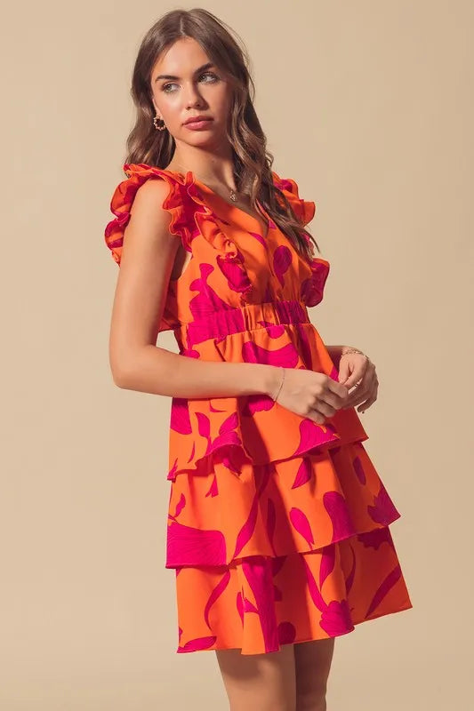 SO ME Floral V Neck Layered Dress with Elasticized Waist