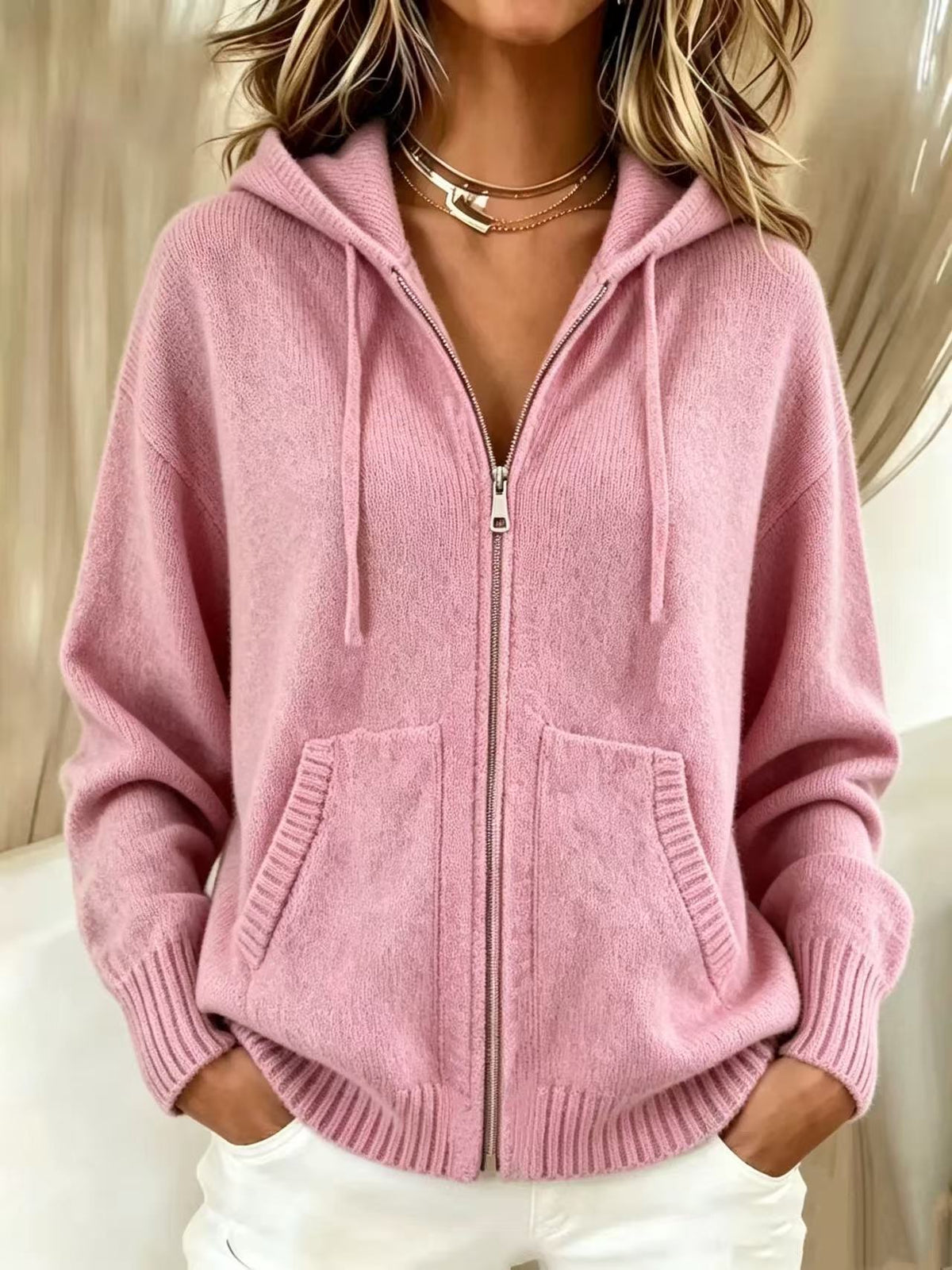 Women Zip Up Hooded Knit Cardigan, Solid Color Long Sleeve Loose Sweater Jacket With Pockets, Fall Winter Casual Outerwear