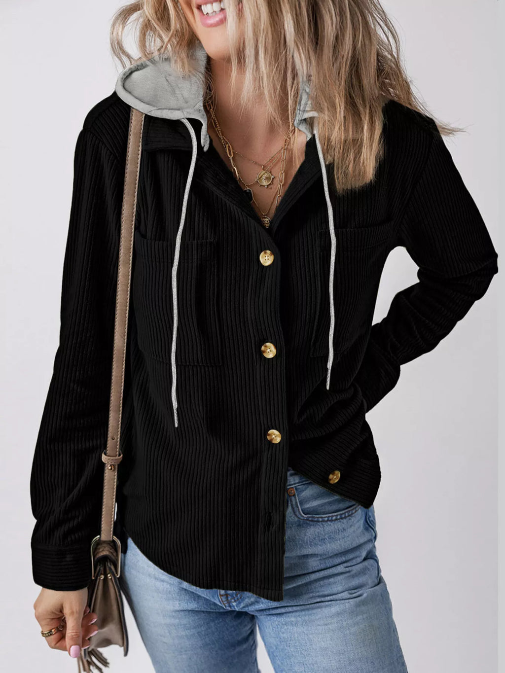 Plus Size Casual Corduroy Button-Down Hooded Jacket