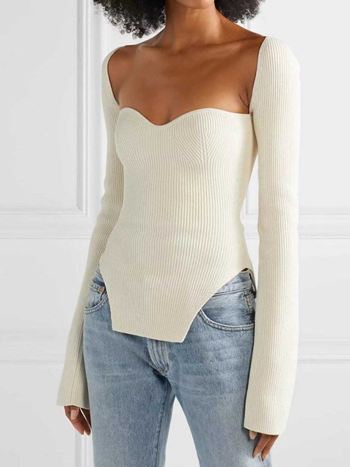 Ribbed Knit Sweetheart Neckline Sweater