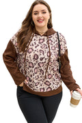 Brown Leopard Print Knit Patchwork Plus Hoodie