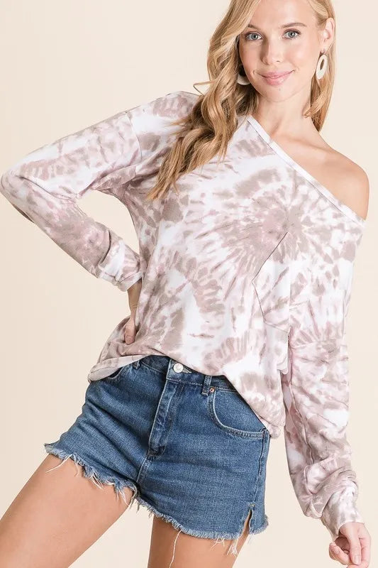 Tie Dye Print Terry Top with Front Patch Pocket
