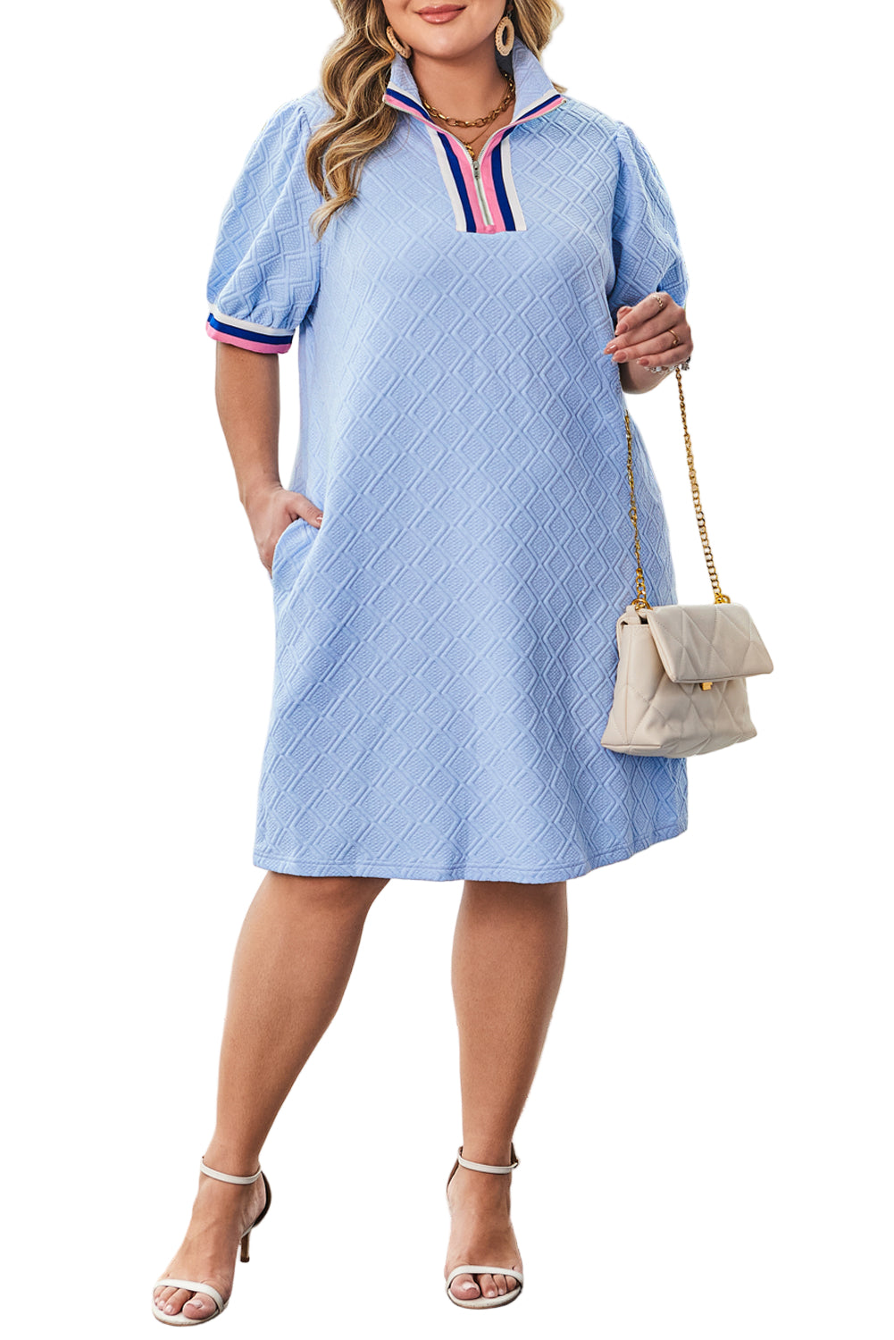 Beau Blue Contrast Striped Trim Zipped Stand Collar Textured Puff Sleeve Plus Size T Shirt Dress