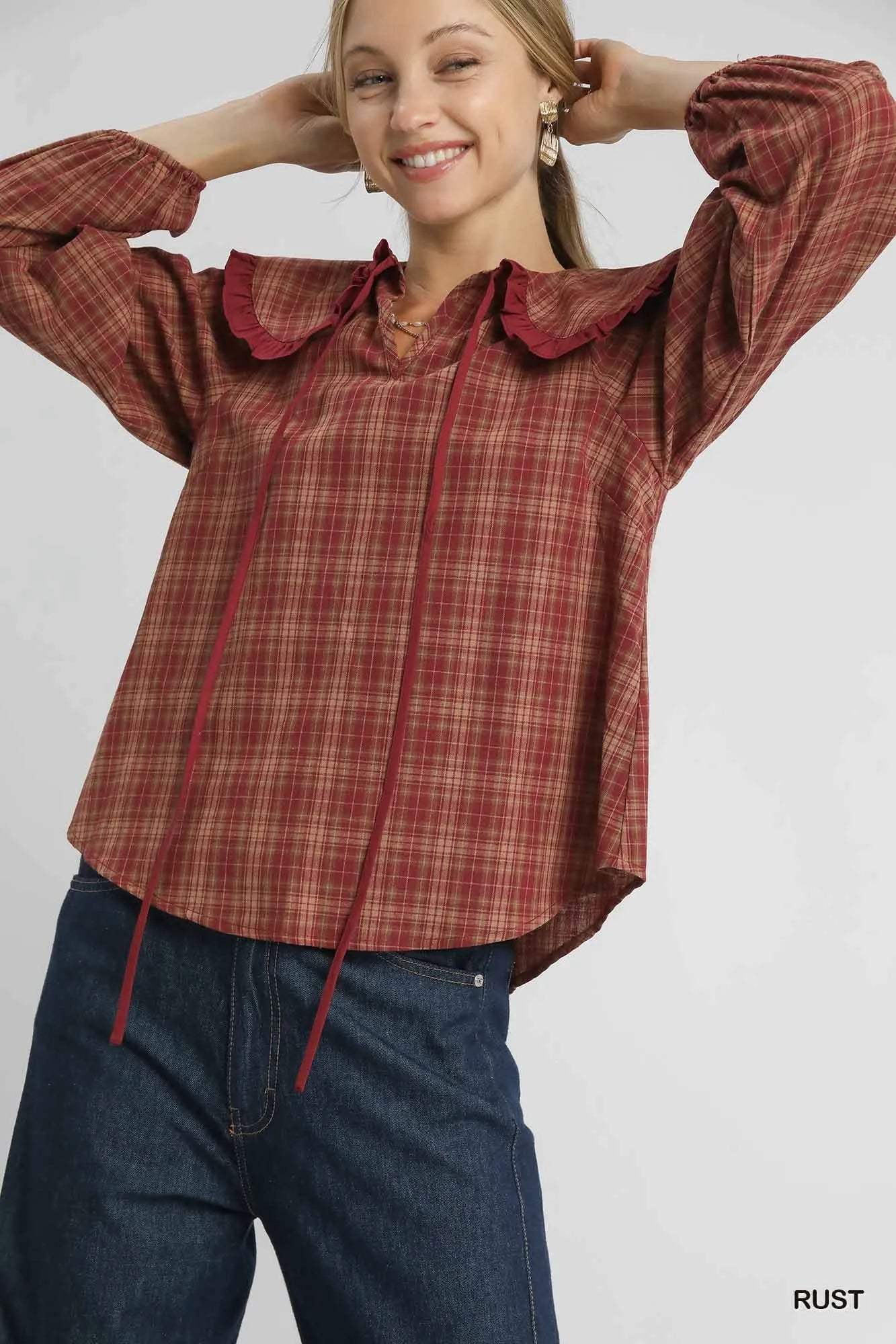 Umgee Full Size Plaid Ruffle Collar Blouse Plus Size