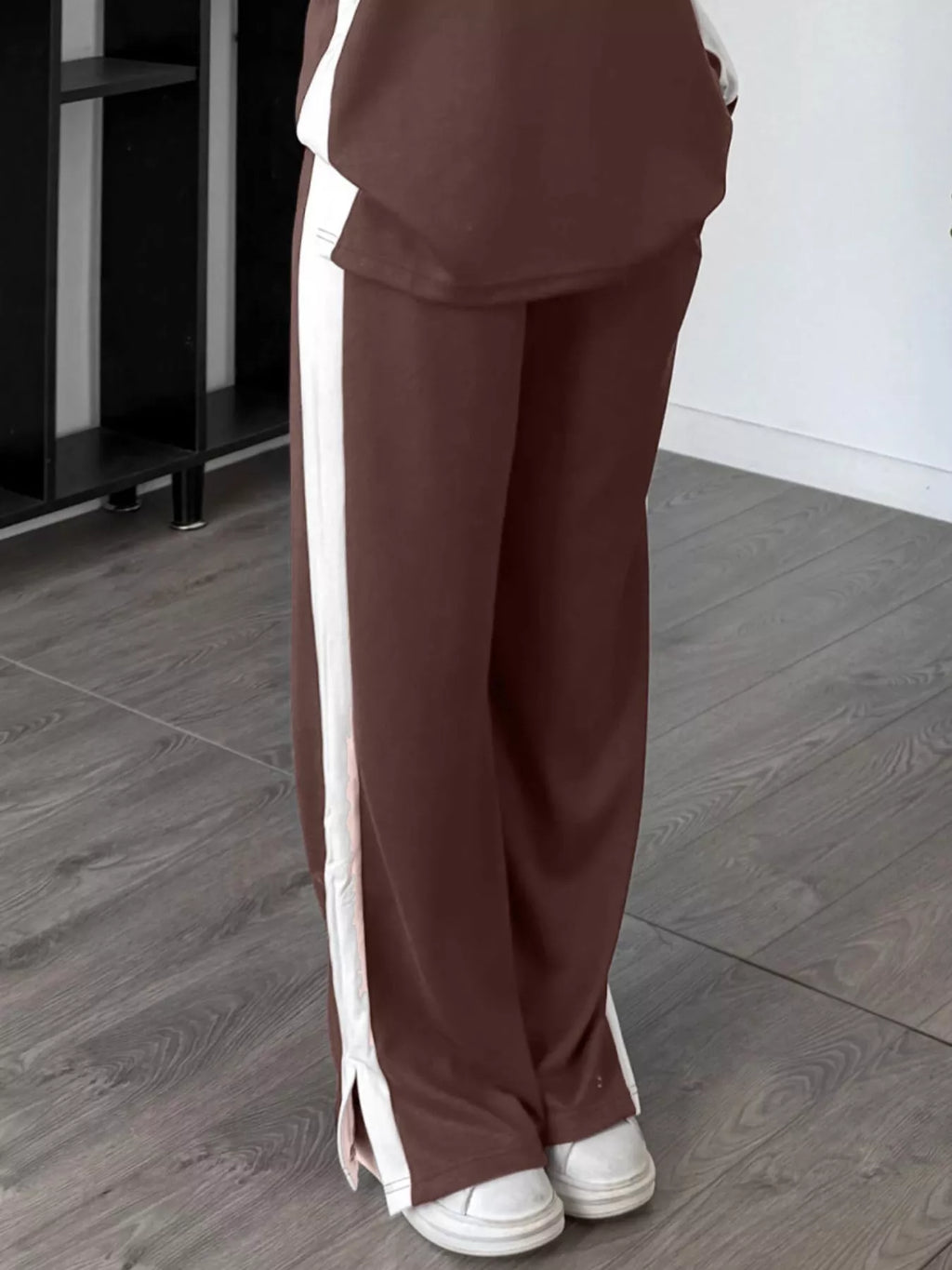 Full Size Contrast Round Neck Top and Pants Set Plus Size