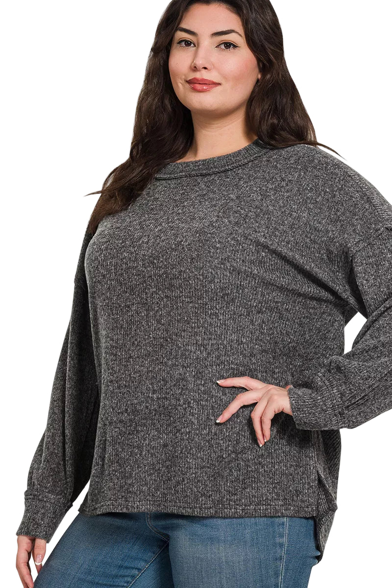 Zenana Full Size Brushed Ribbed Hacci Drop Shoulder Sweater Plus Size