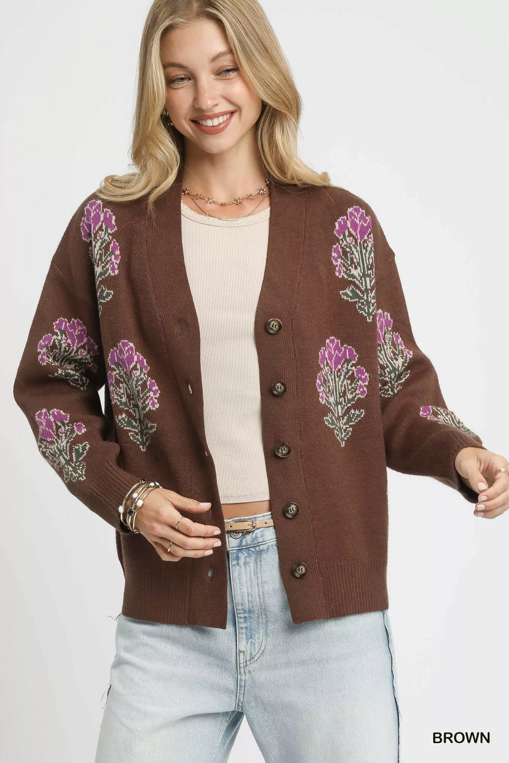 Single Flower Stem Jacquard Cardigan Sweater