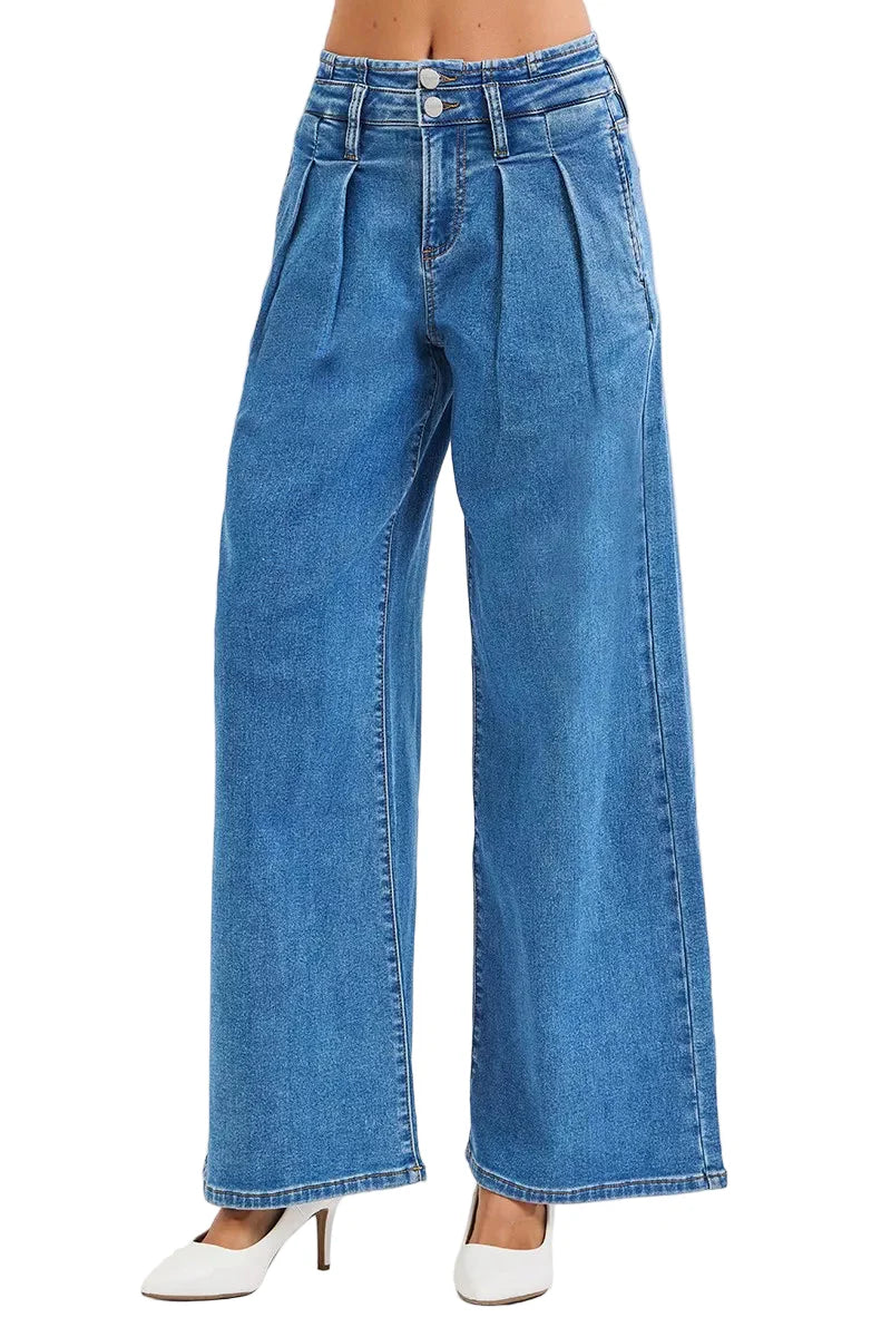 RISEN Full Size Mid Rise Fit Wide Leg with Pleated Detail Jeans Plus Size