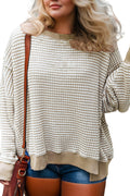Brown Plus Size Stripe Ribbed Trim Drop Shoulder Long Sleeve Oversized Top