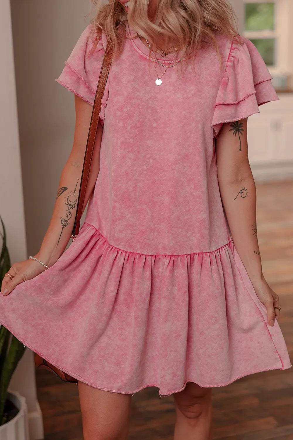 Mineral Wash Raw Edge Ruffle Mini Dress