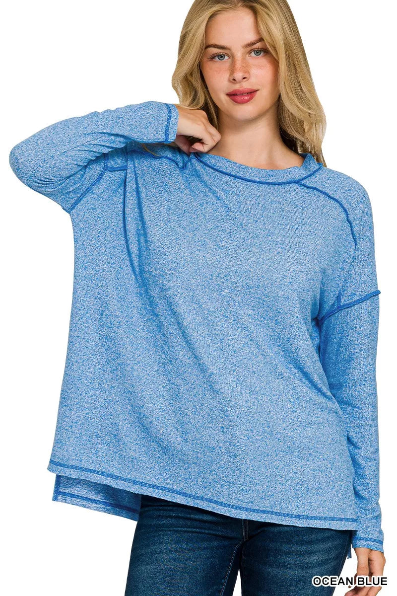 Full Size Melange Hacci Exposed Seam Hi-low Tee Plus Size