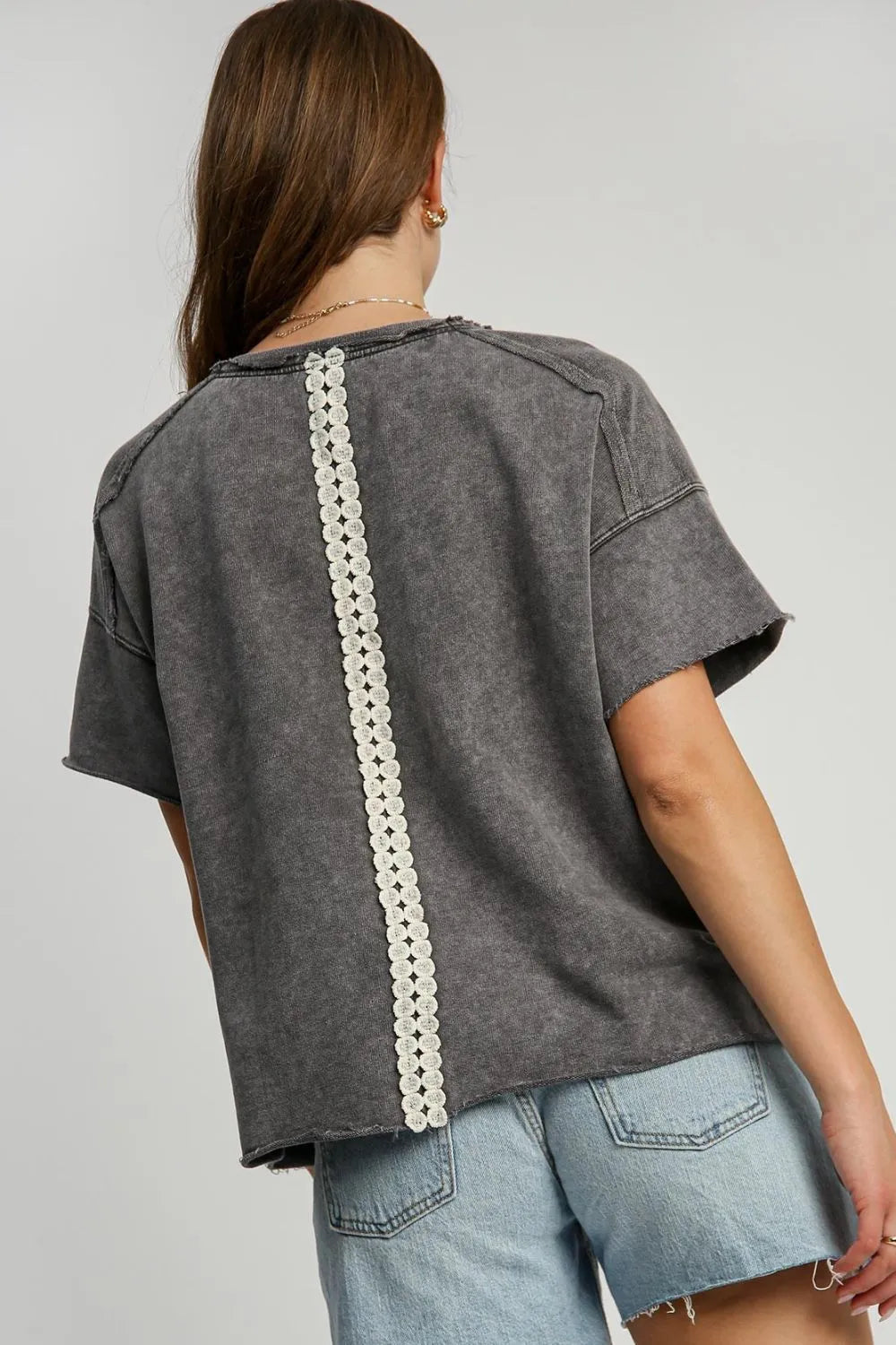 Umgee Full Size Mineral Wash T-Shirt with Lace Applique Plus Size