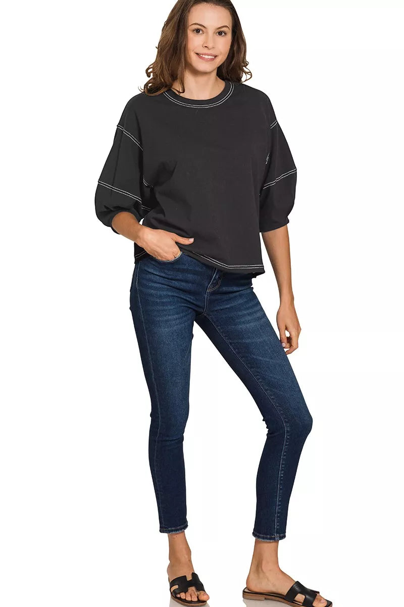 Balloon Sleeve Top with Contrast Stitching