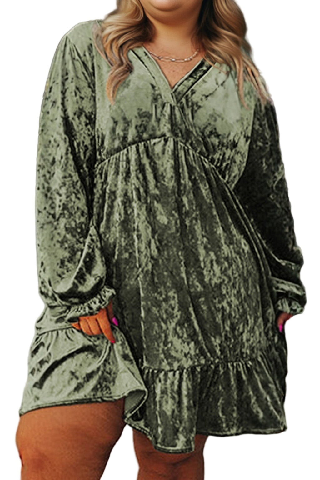 Coffee Plus Size Velvet Babydoll Mini Dress with Puff Sleeve